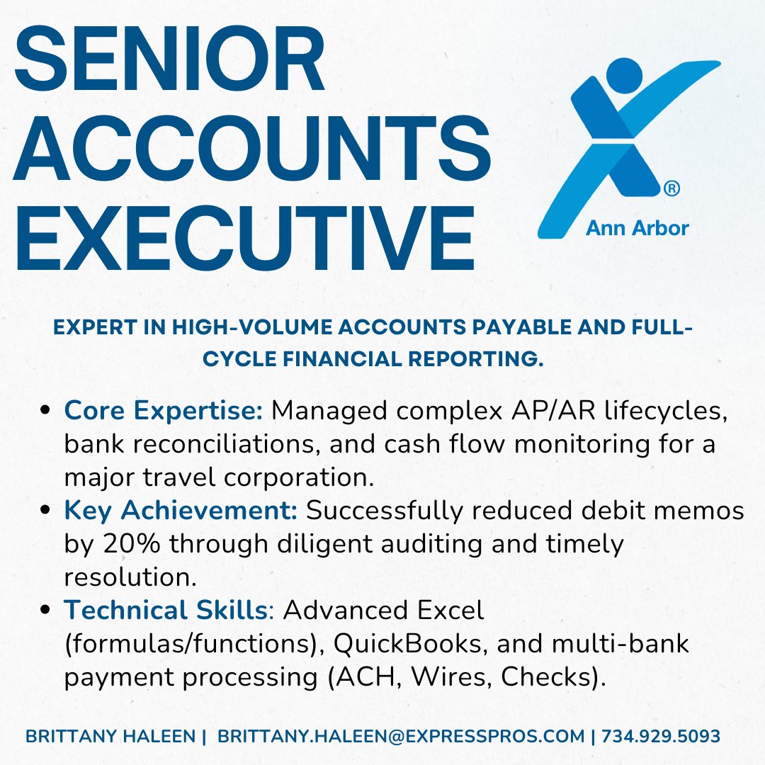 ExpressAnnArbor's tweet image. Looking to boost your finance team?

Our top senior accounts executive excels in high-volume AP/AR and financial reporting.

Contact Brittany today! 💼📈

#FinanceJobs #TopTalent #Hiring