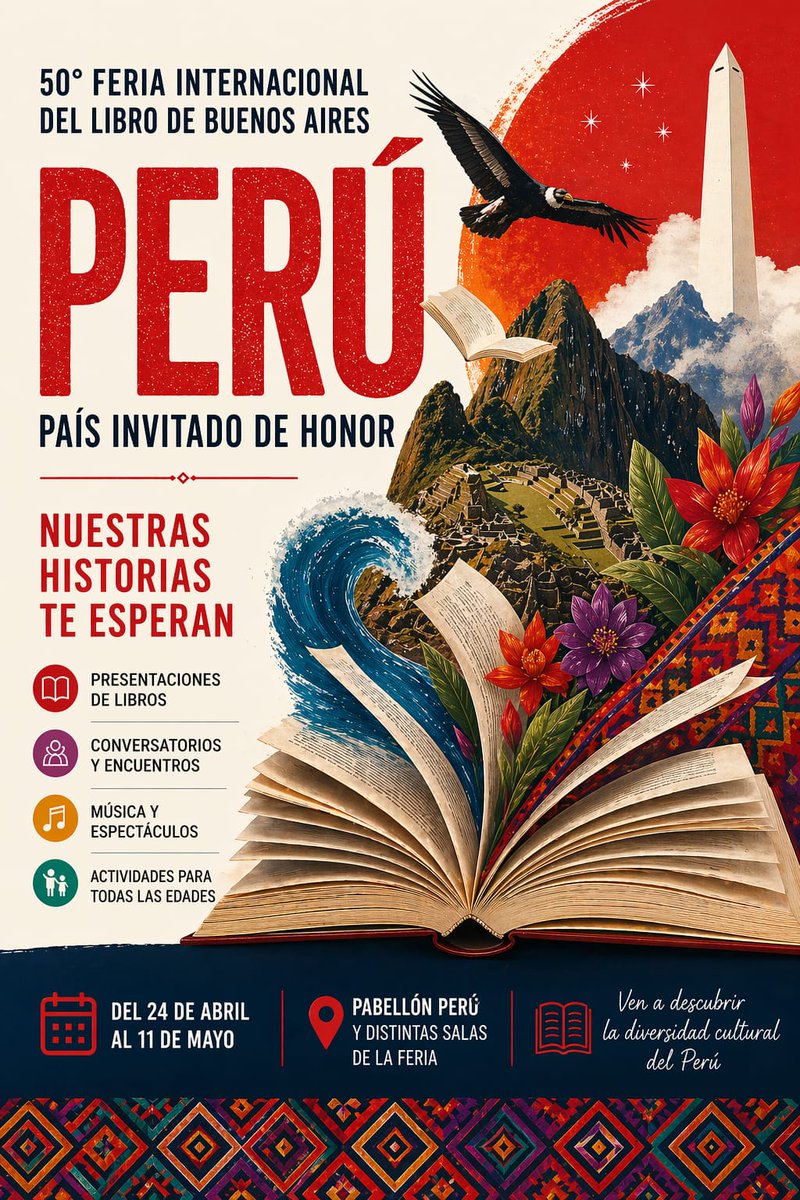 🇵🇪 Perú en la FILBA 2026

Somos País Invitado de Honor en la 50° Feria Internacional del Libro de Buenos Aires y traemos una programación que celebra lo mejor de nuestra cultura.

📚 Libros, 🎤 ideas, 🎶 música y mucho más.