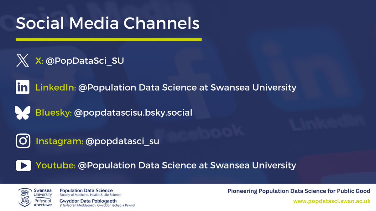 PopDataSci_SU's tweet photo. Did you know we're on Instagram, LinkedIn, Bluesky and YouTube?
Follow our other channels to keep up to date with the latest research, career opportunities and internships at Population Data Science👇
@SwanseaUni #teamscience #PopulationDataScience #Research #careers https://t.co/70b2u0amAd