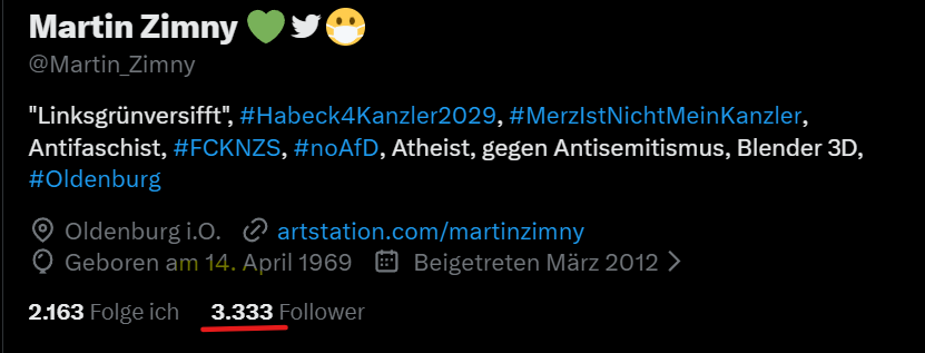 Martin_Zimny's tweet image. #Schnapszahl🥳

Leider trinke ich nicht mehr.🤭

Danke an alle, die mir folgen!

(Abzüglich #noAfD-Uboote und Bots)