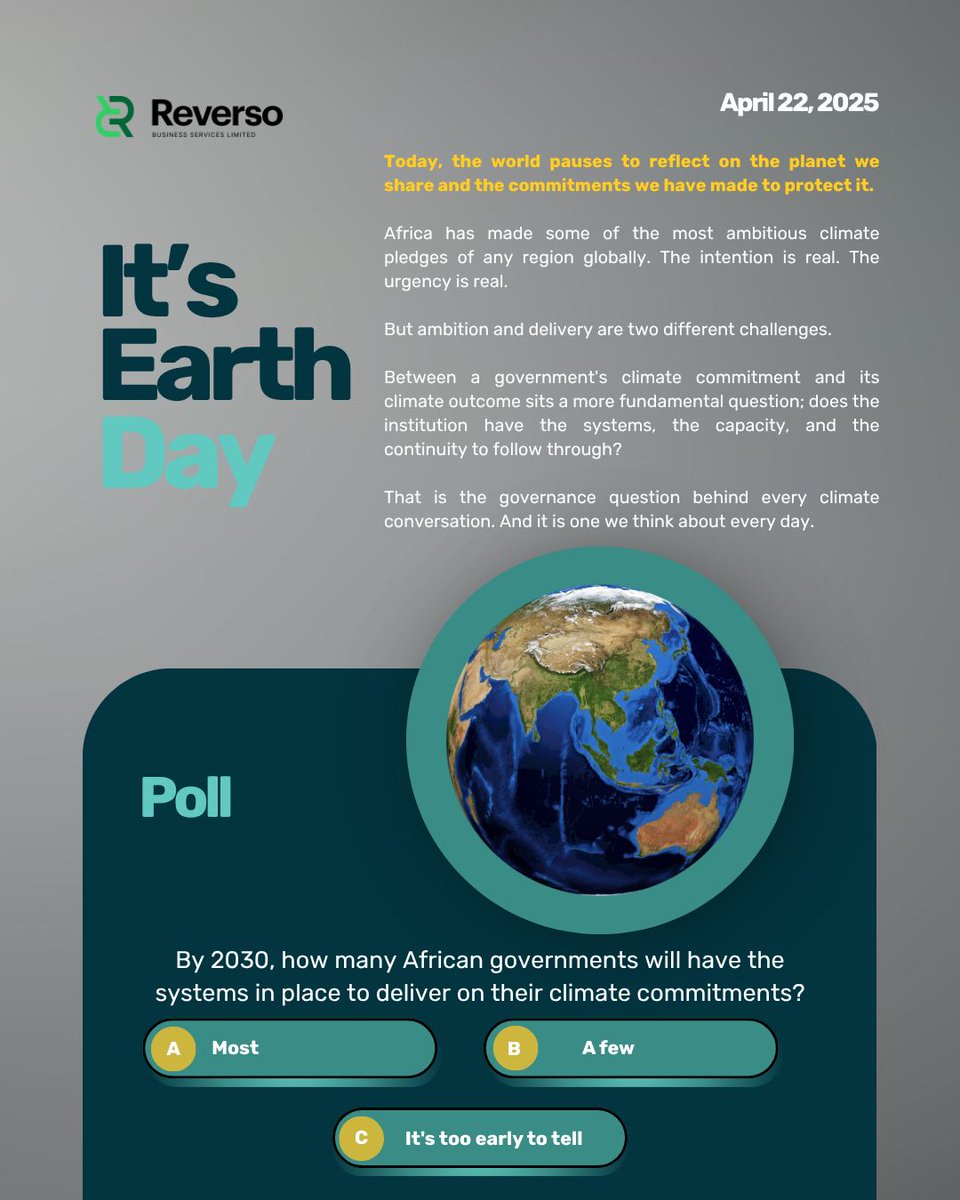 ReversoLimited's tweet photo. According to UNDP's Climate Promise (2023), African countries' climate pledges are more robust than the global average.

The next step is building the systems that turn those commitments into results. That means clear processes, capable teams, and continuity.

#EarthDay https://t.co/ESqlGvHLIw