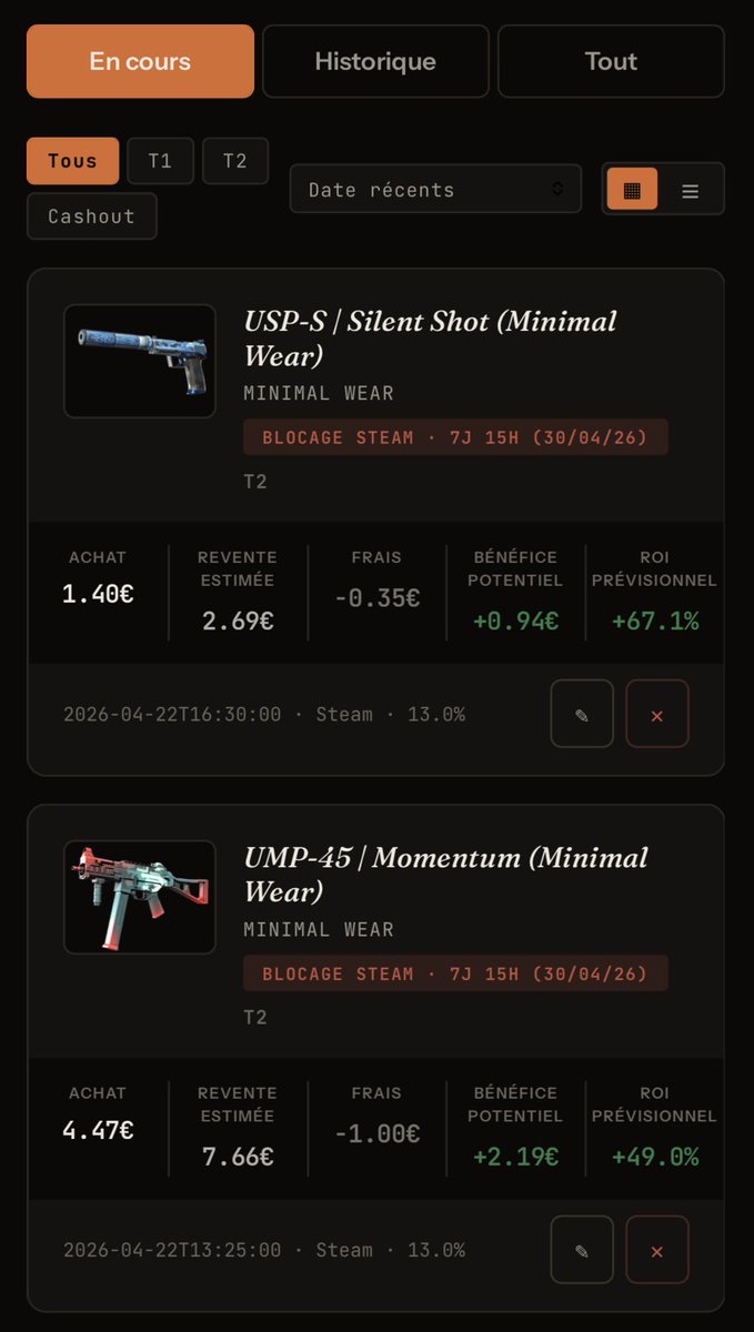 Ça fait plaisir de créer son propre outil d’achat revente de skin Counter Strike !

Tellement plus simple de trouver les bonnes opportunités et de suivre les trades 🤗

Ça va faire du bénéfice à fond 🤑
