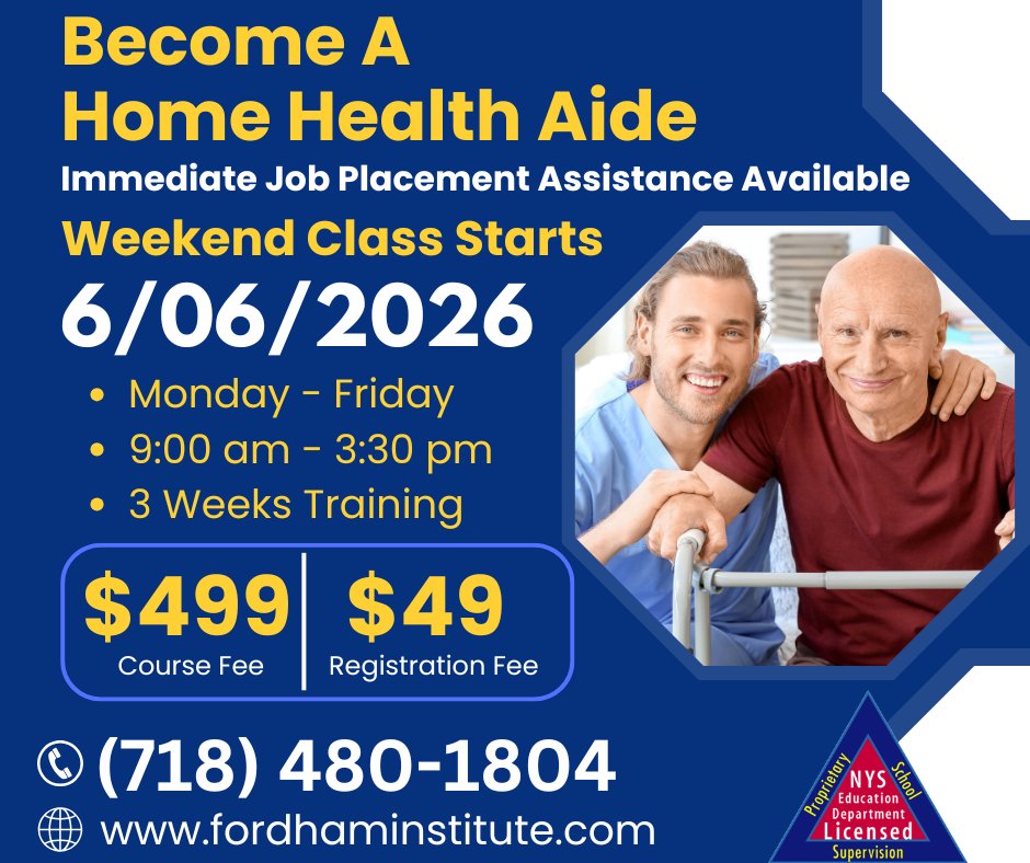 FordhamInstinc's tweet photo. ☀️ Start your summer with a purpose
🌿 Train to become a Home Health Aide

🎓 Weekend Program | Fordham Institute 
🗓 Starts June 6, 2026
⏳ Graduate in just 7 weekends

📞 718-480-1804
🌐 https://t.co/atyhOnOPKc

#SummerGoals #FreshStart #HealthcareTraining #HHAProgram https://t.co/Iye3PPKBku