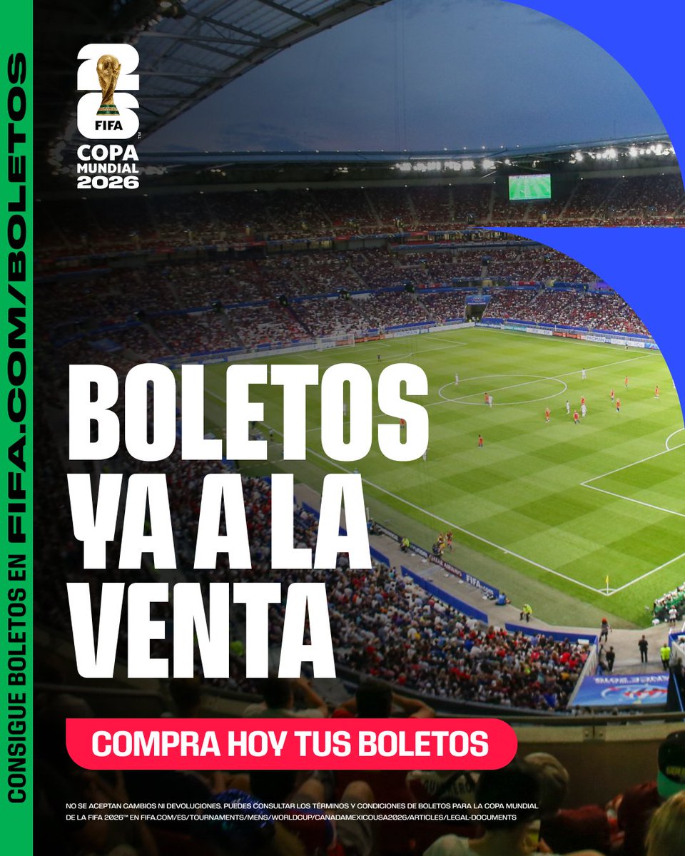 MexicoCity26's tweet image. ¡Ya están a la venta los boletos para la #FIFAWorldCup! No te pierdas este momento histórico. Consíguelos ahora. 📲🎟

Boletos disponibles por orden de llegada hasta agotar existencias. No se aceptan cambios ni devoluciones. Aplican términos y condiciones.