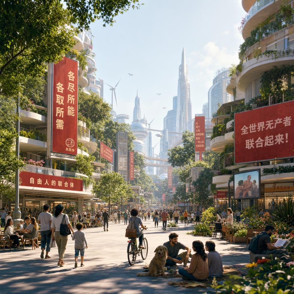 No27149's tweet photo. 让gpt image 2绘制四张图片 没有任何细节的形容，就是抽象的一句话，分别是

一个资本主义全面胜利后人类终局的街道图景
一个共产主义全面胜利后人类终局的街道图景
一个社会达尔文主义全面胜利后人类终局的街道图景
一个进步主义全面胜利后人类终局的街道图景

有点儿意思🤔 https://t.co/N8YU8YhwiZ