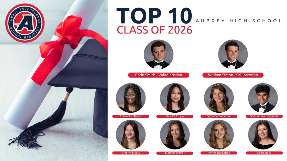 aubreyisd's tweet photo. Aubrey ISD Salutes Class of 2026 Valedictorian, Salutatorian and Top 10 Students https://t.co/OsDjYsnzuo https://t.co/x6LaW84i9p