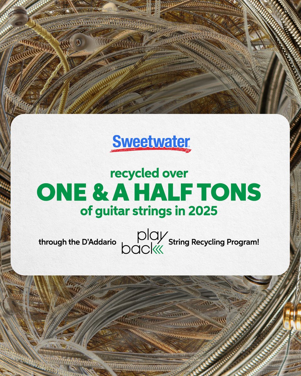 SweetwaterSound's tweet image. Happy Earth Day! 🌎🎸 Sweetwater recycled over one and a half TONS of guitar strings in 2025 through the @DaddarioandCo Playback String Recycling Program! 
#musician #musicgear #music #earthday