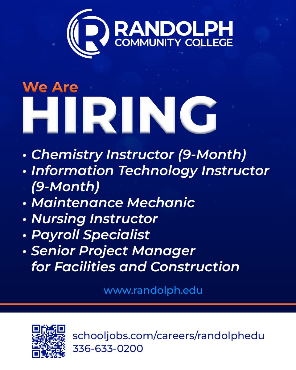 RandolphCC's tweet photo. We’re hiring at Randolph Community College! 🚀

Open roles include instructors, IT, facilities, and more.
Apply today 👉 https://t.co/1GgOSRKW5f

#NowHiring #RCCProud #HigherEdJobs https://t.co/AX9fnnRV75