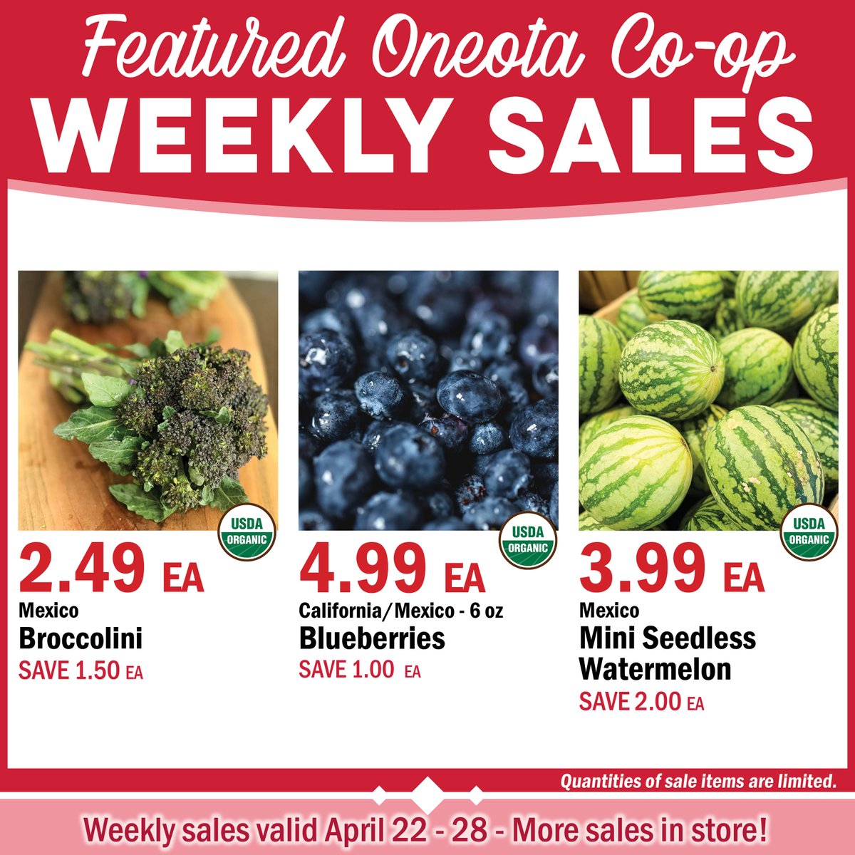 Save on these items - and many more - 9 a.m. to 8 p.m. daily at your community-owned grocer in beautiful downtown Decorah. #foodcoop #oneotacoop #communityowned