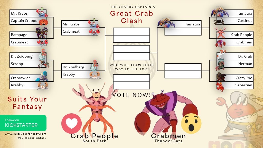 SuitYourFantasy's tweet photo. The latest round of the Great Crab Clash. Two races of crab-like people from animated shows. South Park vs. ThunderCats. Who takes it? 

Head on over to Facebook and vote now! https://t.co/teX0hc20yc

#suitsyourfantasy #crabbycaptain #southpark #thundercats https://t.co/P31MBMFyLw
