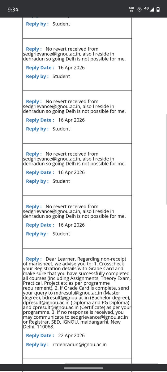 AyushKathait18's tweet image. Requesting @OfficialIGNOU to please expedite the issuance of my B.COMG marksheet (Enrollment: 2253421361). I have raised multiple grievances, but the responses are repetitive and unhelpful. An urgent resolution is requested.
@drm_ignou @EduMinOfIndia #ResultUpdate @DehradunIgnou