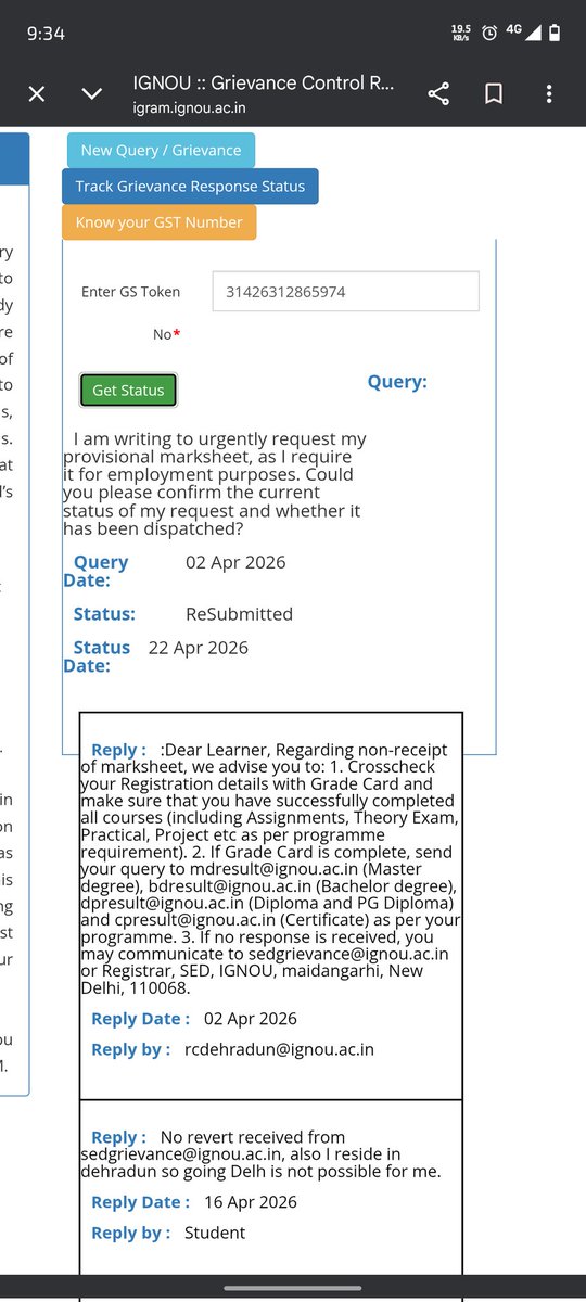 AyushKathait18's tweet image. Requesting @OfficialIGNOU to please expedite the issuance of my B.COMG marksheet (Enrollment: 2253421361). I have raised multiple grievances, but the responses are repetitive and unhelpful. An urgent resolution is requested.
@drm_ignou @EduMinOfIndia #ResultUpdate @DehradunIgnou
