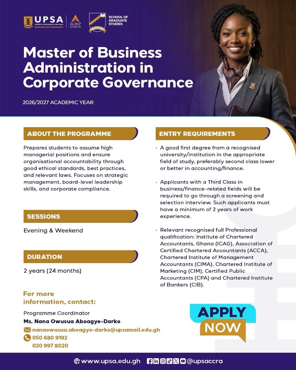upsaccra's tweet image. Who watches the watchmen? You do; that's corporate governance.
 Master board-level leadership with UPSA's MBA in Corporate Governance. 

Apply now! 

#MBA #CorporateGovernance #BoardLeadership #UPSA #EthicalLeadership #EveningAndWeekendMBA #TertiaryExcellence