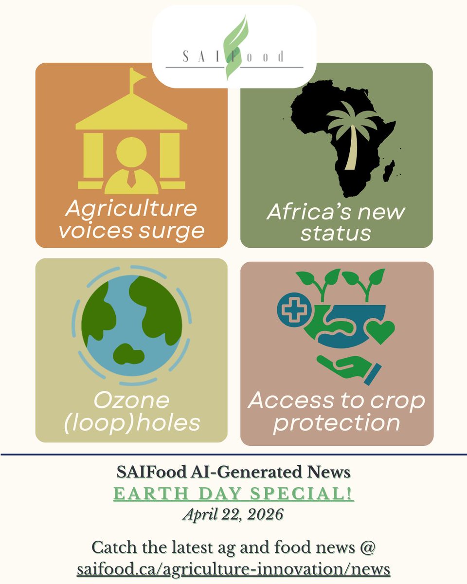 SAIFood_blog's tweet image. This week's #AIGeneratedNews:
The #EarthDay special!

💨 An ozone-related technicality
📢 Getting farmers to the table
🌴What is happening with Africa's forests?
📂 Legislation to provide farmers with options

...&amp;amp; More!
Check it out 👉 saifood.ca/agriculture-in…