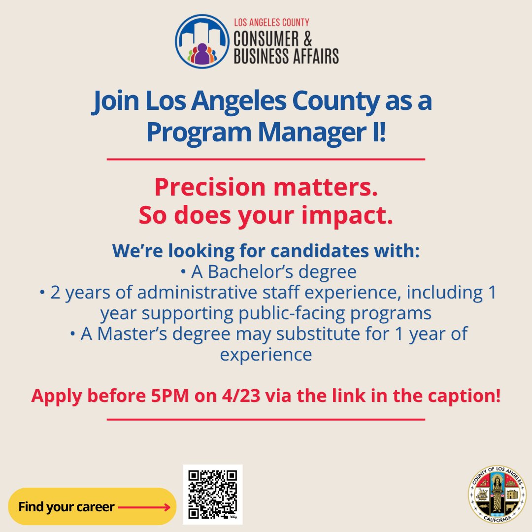 LACountyDHR's tweet image. The LA County Department of Consumer and Business Affairs is hiring a Program Manager I! Apply now: bit.ly/3Qf94UH #lacounty #careers #lacountyjobs #jobhunt #jobsearch #hiringnow #losangeles #admincareer #administrativeassistant #administrativecareers #administrativejobs