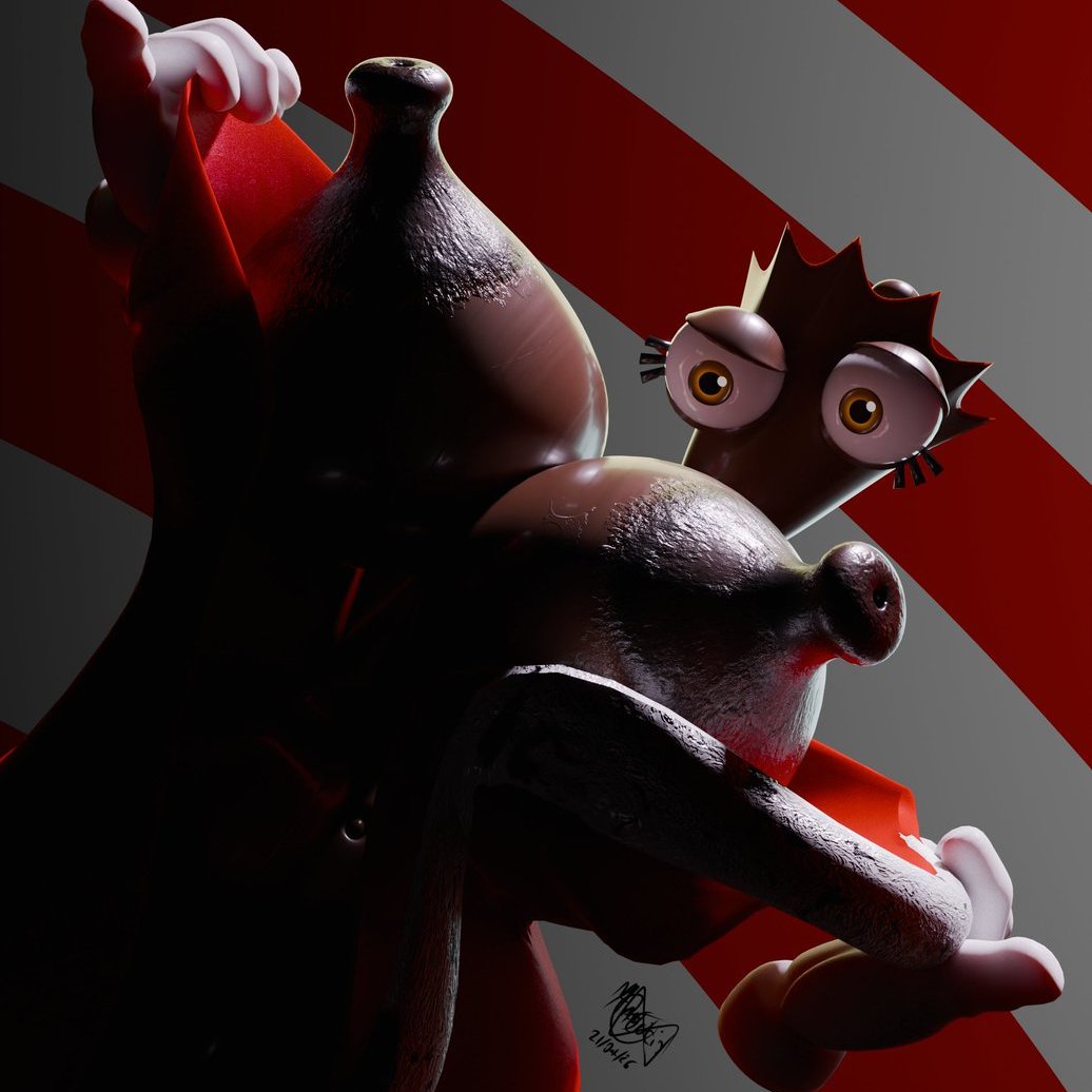 First rendering test of the model, the rigging is going well, the real problem now is how to prevent the clothing from showing through to the body when it is articulated.

#Queenie #tadc #rule34 #wip #blender