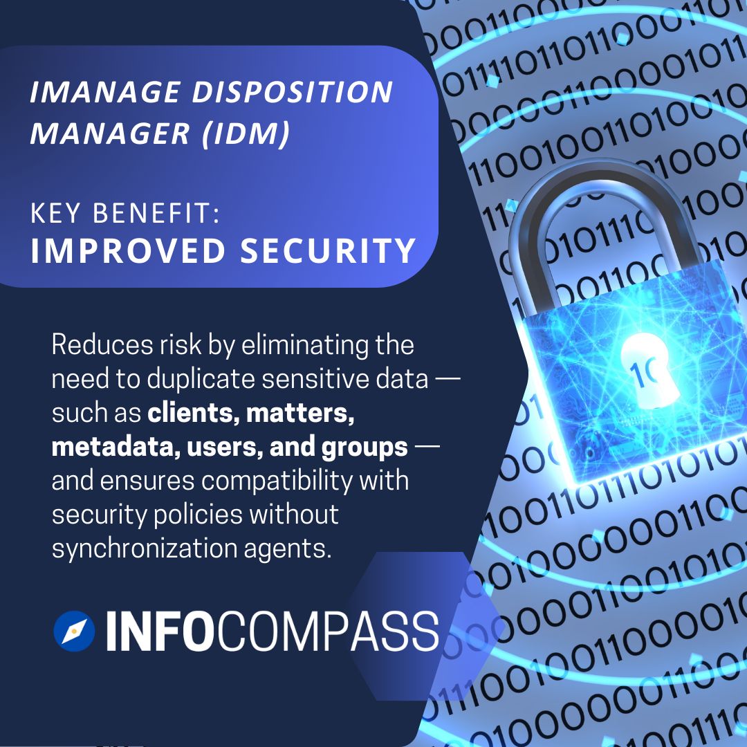 InfoCompassInc's tweet image. Want to know more about iManage Disposition Manager? Contact #infocompass today!
buff.ly/1rZX8mi

#IRM #IDM #IRMExperts #IRMImplementers #ARMA #iManage  #InfoGov #InformationGovernance #InfoSec #RecordsManagement #IRMspecialists #productivity #lawfirms #law