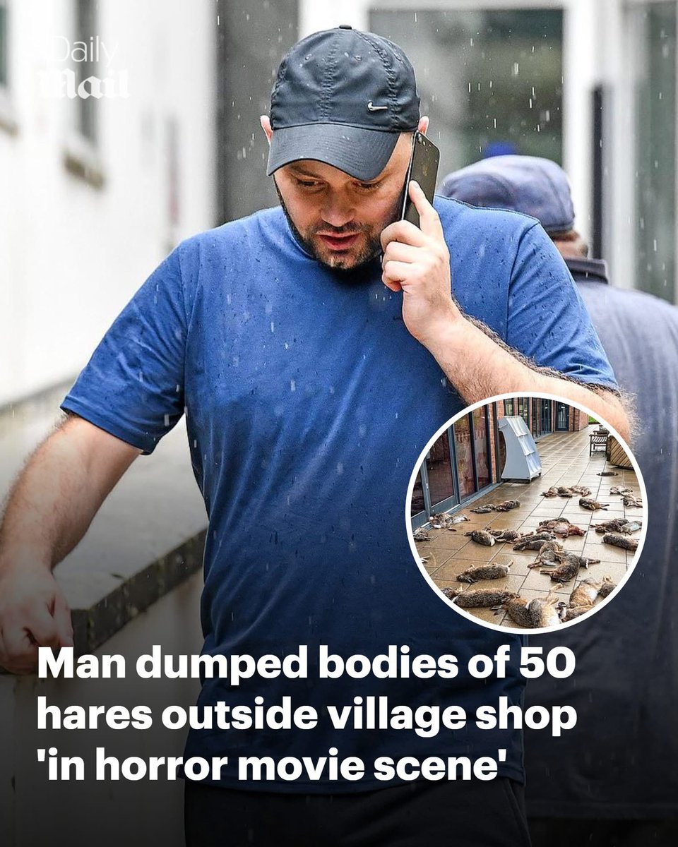 domdyer70's tweet photo. A quiet Hampshire village was left reeling after a masked man allegedly dumped the carcasses of 50 hares, along with a barn owl and a kestrel, outside a community shop in what prosecutors described as a 'horror movie scene'.

Southampton Magistrates' Court heard that James Kempster, 39, arrived outside Broughton Community Shop at 3.23am on March 15 last year, wearing a balaclava and tracksuit, before 'discarding' dozens of dead animals across the forecourt.

The court was told he then began 'ripping' some of the hares in half, leaving 'blood dripping on the floor', while also smearing blood across the shop windows. The bodies of a barn owl and a kestrel were allegedly stuck onto the shop's door handles.
Prosecutors say the shocking incident lasted just three minutes and involved two other men, who were seen on CCTV but have not been charged.
Kempster, of Totton, denies the charges but is on trial accused of two counts of possessing a live or dead wild bird under the Wildlife and Countryside Act, as well as one count of criminal damage.
Opening the case, prosecutor Adam Cooper told the court: 'This case is about a horror movie scene outside Broughton Community Shop on March 15, 2024.

The court heard Kempster was identified through DNA evidence, phone tracking data and clothing matching that seen on CCTV. He was not wearing gloves during the incident.