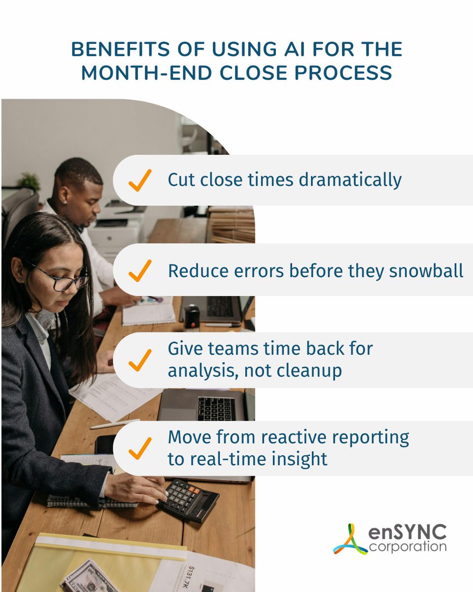 ensync1's tweet photo. While AI can’t “fix” month-end close on its own, pairing it with better processes can transform it to be faster and smarter. 
Read more about our cautious optimism around AI support on our blog: https://t.co/tFjxb32t87 https://t.co/VBpNYWrdAZ