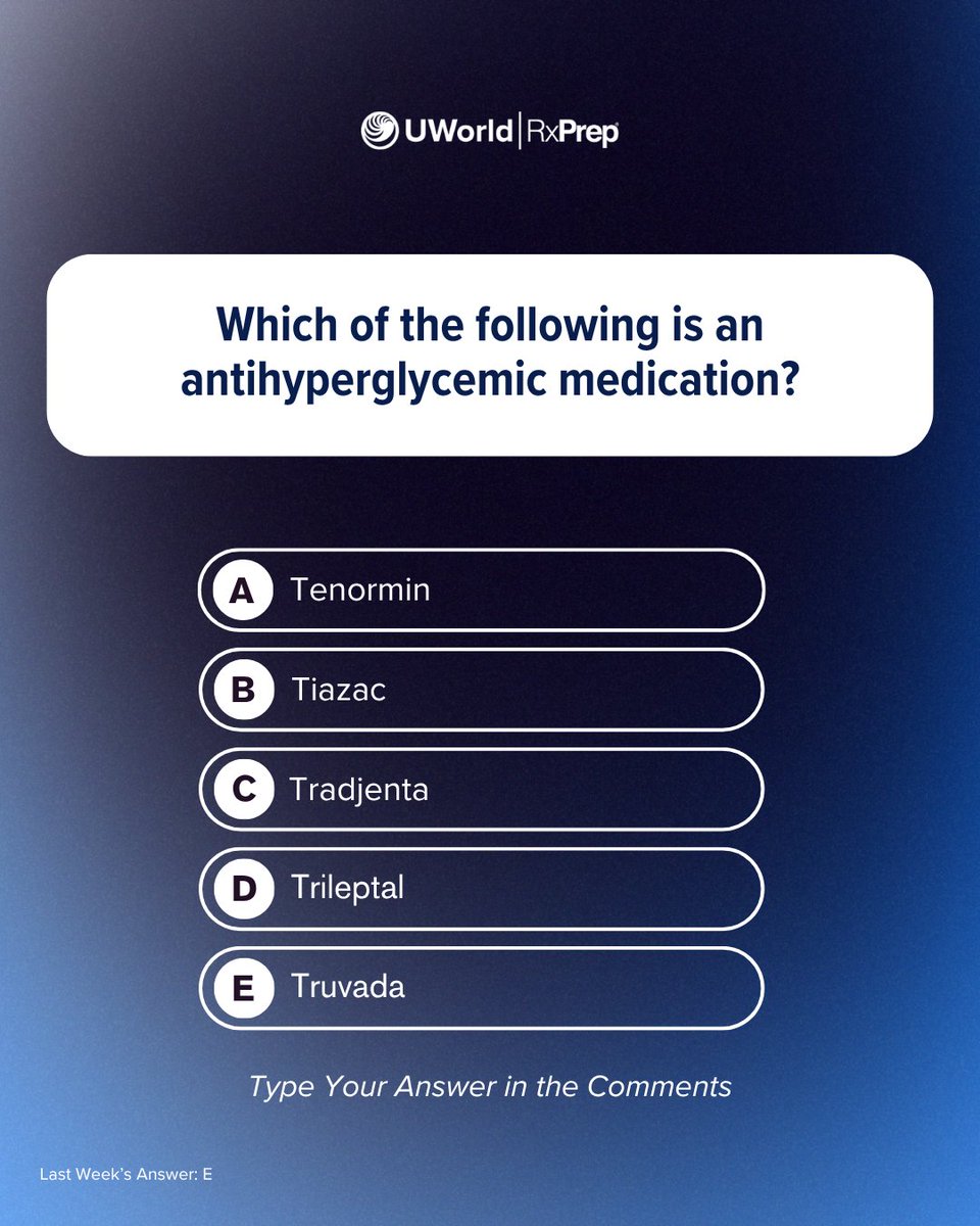Quick Quiz Vol. 11 💊

#PharmacySchool #RxPrep #UWorld #KnowledgeCheck #Diabetes #NAPLEXPrep #PharmReview
