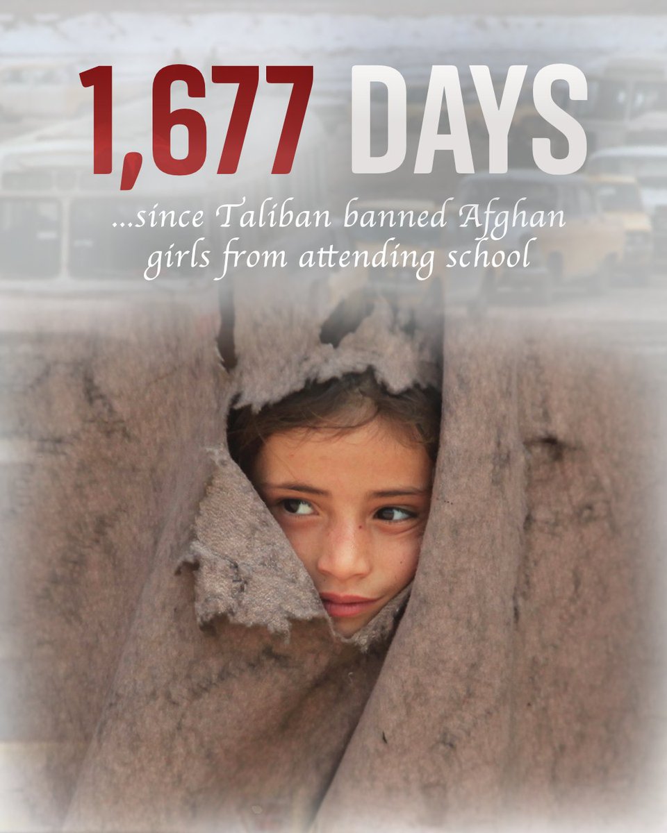 Day 1,677 of Afghan girls being barred from getting an education.

This cannot go on. Restricting the basic human rights of an entire generation of women poses an existential threat for #Afghanistan.

You are not forgotten.

#LetAfghanGirlsLearn