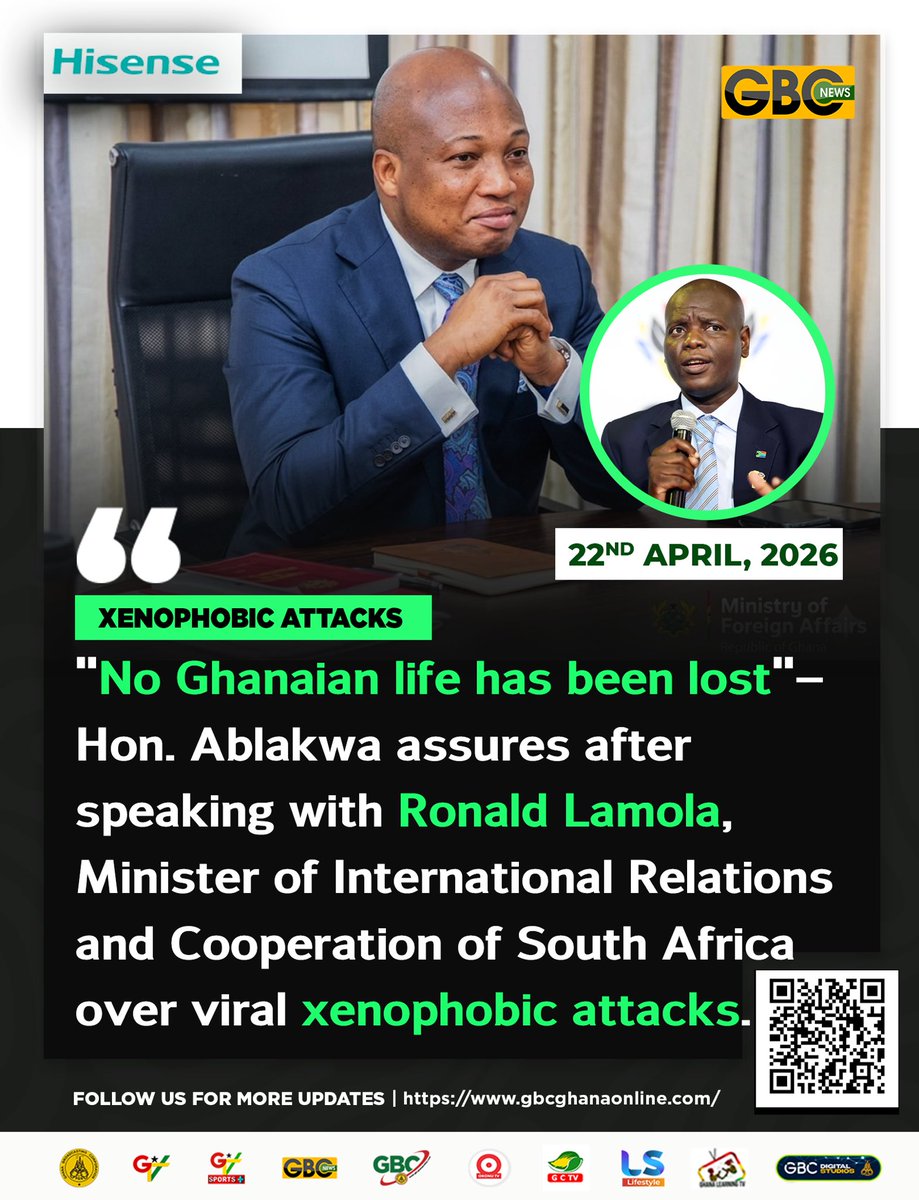 GTV_Ghana's tweet image. “No Ghanaian life has been lost"— Foreign Minister assures after speaking with Ronald Lamola, Minister of International Relations and Cooperation of South Africa over viral xenophobic attacks.

#gbcnews
#InternationalRelations