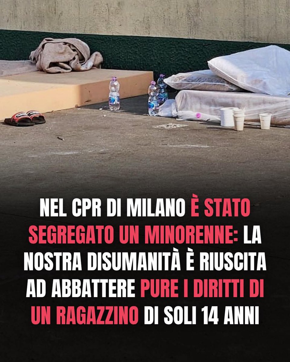 sandrinorusso74's tweet photo. L'ingresso di quattordicenni nei CPR segna il crollo di ogni senso di umanità. Dopo l'inasprimento delle pene per i minori, l'uso della detenzione amministrativa per i giovanissimi è l'ultimo passo verso la disumanità: i CPR vanno chiusi immediatamente. #nocpr https://t.co/fFZeVdG4Zn