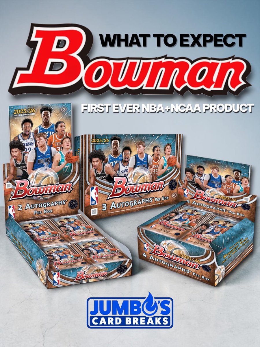 JumboSc21's tweet image. Here’s what you can expect out of the all new Bowman Basketball release! 🤩 Swipe to see the types of boxes, this year’s chases, and who to collect! 🔥 We are live NOW on Whatnot and live at 1PM on YouTube/Facebook! #SportsCards #JumbosCards #Topps #Fanatics #FYP