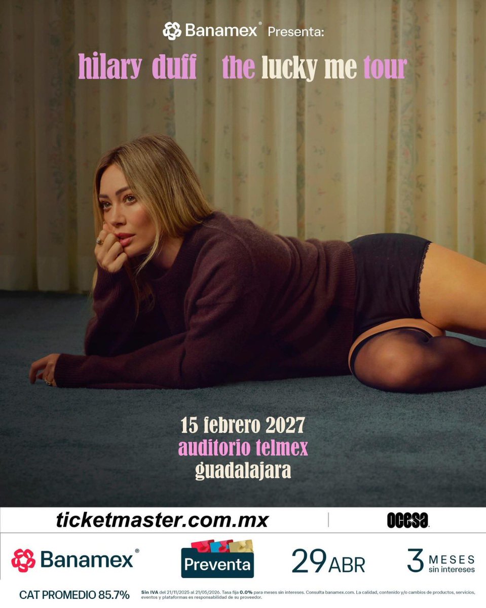 Hilary Duff anuncia su regreso a México con “The Lucky Me Tour”.

📆 15 de febrero de 2027
📍 Auditorio Telmex

🎟 Preventa Banamex: 29 de abril
🎟 Venta general: 30 de abril

#HilaryDuff #TheLuckyMeTour