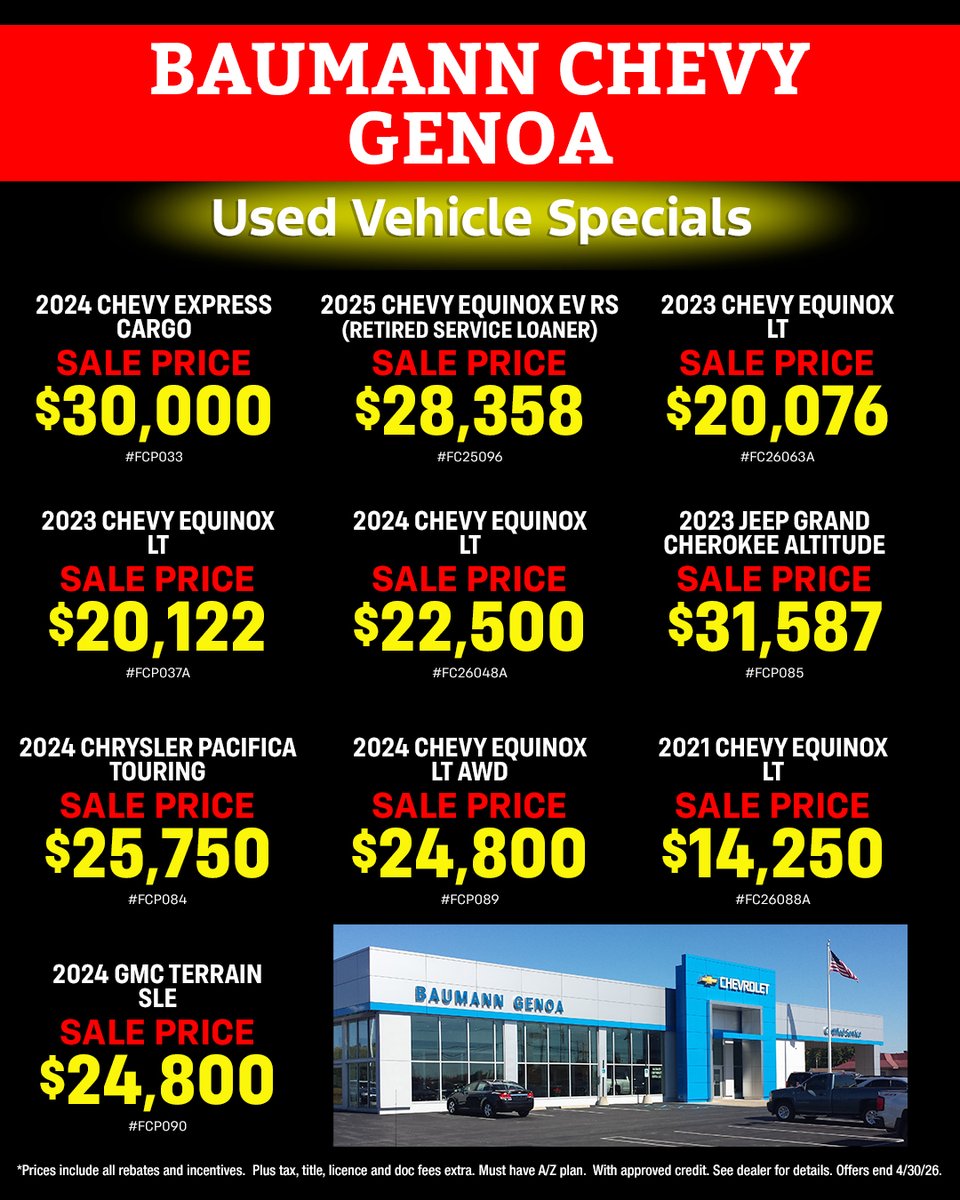 BAUMANN6's tweet photo. Check out these pre-owned specials at  Baumann Chevrolet Genoa!
https://t.co/6GqSvqYD06 https://t.co/TXTKDGoXEp