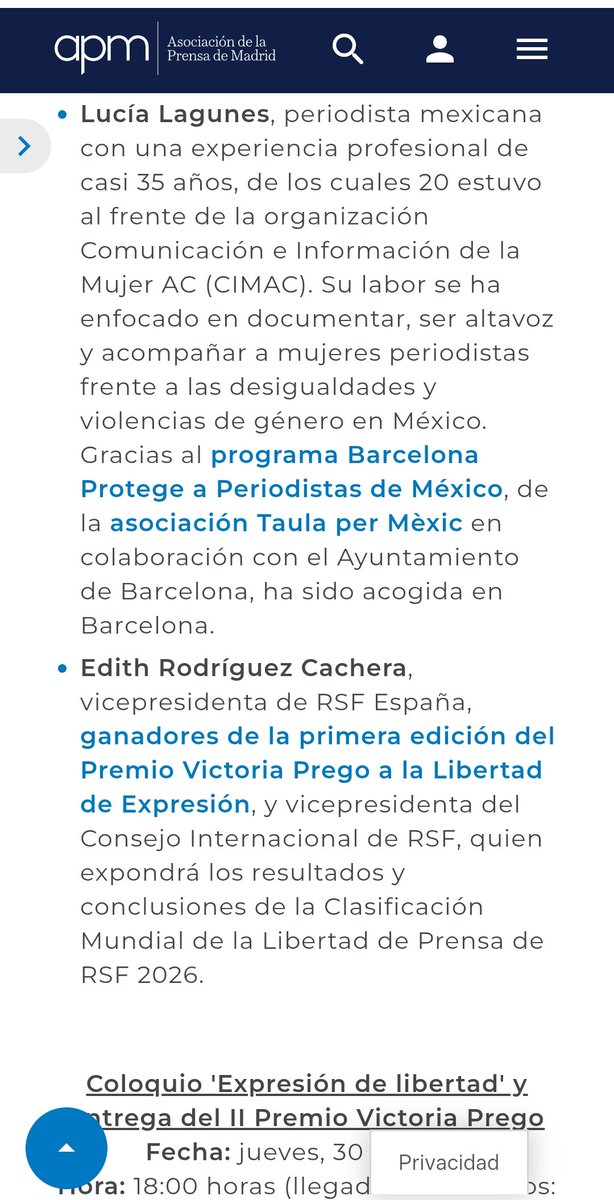 Coloquio sobre #LibertadDeExpresion con periodistas exiliados org por #Prensa <a href="/aprensamadrid/">APM</a> <a href="/maria_rey/">maria rey</a> en la entrega Premio Victoria Prego  al #CNP y <a href="/sntpvenezuela/">SNTP</a> #30Abril en #Madrid Congreso Diputados <a href="/F_Armengol/">Francina Armengol</a> - <a href="/Apevex/">Apevex</a> <a href="/Reuters/">Reuters</a> <a href="/EFEnoticias/">EFE Noticias</a> <a href="/abc_es/">ABC.es</a> <a href="/el_pais/">EL PAÍS</a> <a href="/ElMundoEspana/">El Mundo España</a>