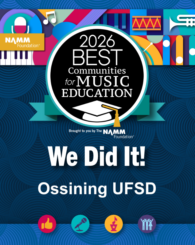 OssiningSchools's tweet image. We are thrilled to share that Ossining UFSD has been named a 2026 Best Community for Music Education by the NAMM (National Association of Music Merchants) Foundation for the 19th time!

A huge congratulations to our AMAZING music faculty! #opride #namm