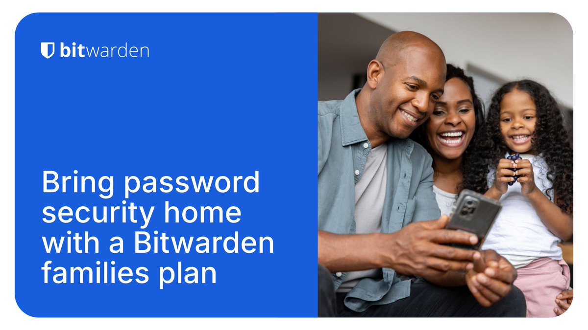 Bitwarden's tweet image. A security solution works best when widely adopted, and some family members may need a nudge to get started. Check out some helpful tips to get the whole family on board with using a #passwordmanager in this blog: btwrdn.com/4eeKXiC