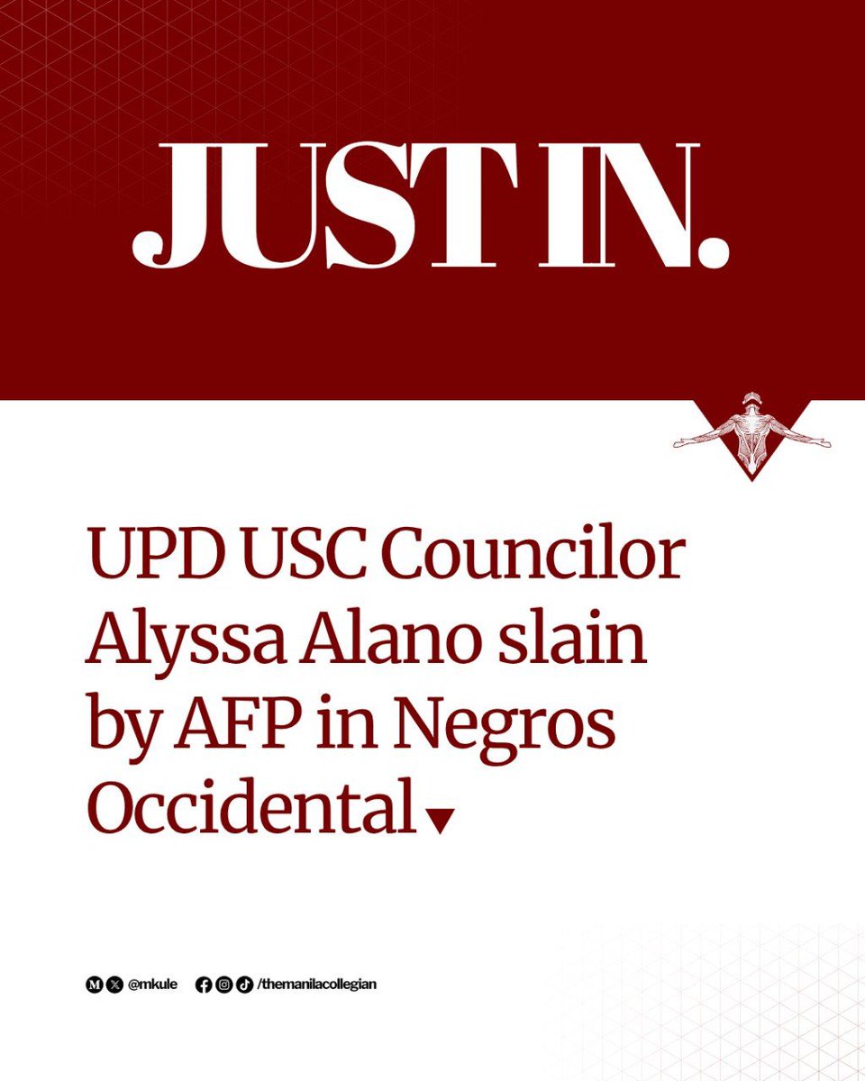 mkule's tweet photo. JUST IN: UP Diliman University Student Council (UPD USC) councilor Alyssa Alano was gunned down by the 79th Infantry Battalion of the Armed Forces of the Philippines (AFP) last April 19, in Barangay Salamanca, Toboso, Negros Occidental, the UPD USC confirmed in a Facebook post. https://t.co/Tsq3HDgToo