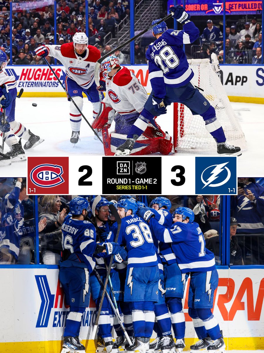 DAZN's tweet image. The Lightning tie it up in game 2 thanks to this LASER in overtime from JJ Moser 🔥

#NHLonDAZN | #Lightning | #Moser | #NHL