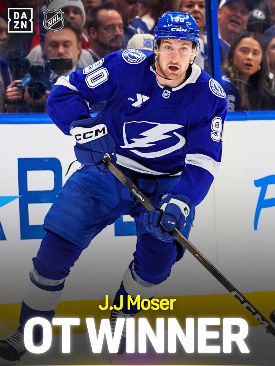 DAZN's tweet image. The Lightning tie it up in game 2 thanks to this LASER in overtime from JJ Moser 🔥

#NHLonDAZN | #Lightning | #Moser | #NHL