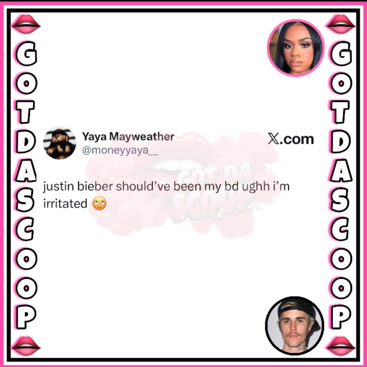 GotDaScoop's tweet photo. Yaya Mayweather wishes Justin Bieber was her baby daddy. 🤣

“justin bieber should've been my bd ughh i'm irritated” https://t.co/K8TE5Fp8fS