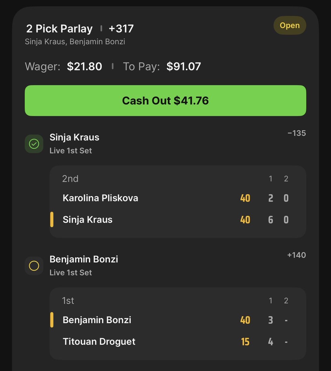 RYTennisPredict's tweet photo. 🎾 LIVE parlay cooking

Kraus ✅ 1st set done
 Bonzi vs Droguet — model called the fade on Droguet, Bonzi +140

$21.80 → $91 on the line 👀

#Tennis #ATPTennis #Pickem #SportsBetting #TennisBetting #BettingTwitter

📲 https://t.co/f2C5sRlqmQ https://t.co/bgUWdpAdAZ