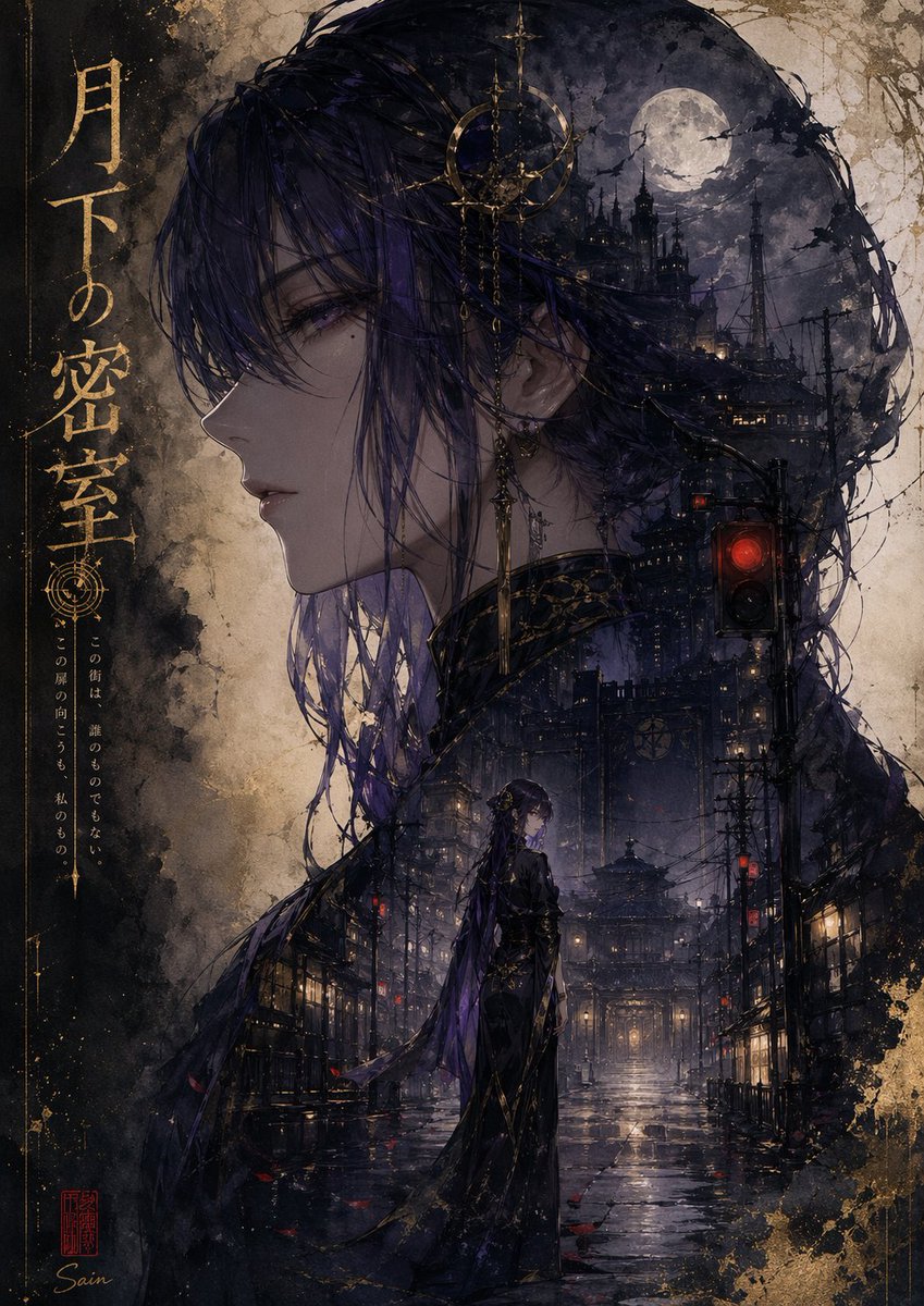 Sain394's tweet photo. Original Work — Moonlit Chamber / 月下の密室

A narrative poster built around moonlight, wet streets, and quiet tension.
静けさと気配が残る夜の街を描いた一枚です。
#OriginalArt #Illustration https://t.co/2Gvnc6UHg3
