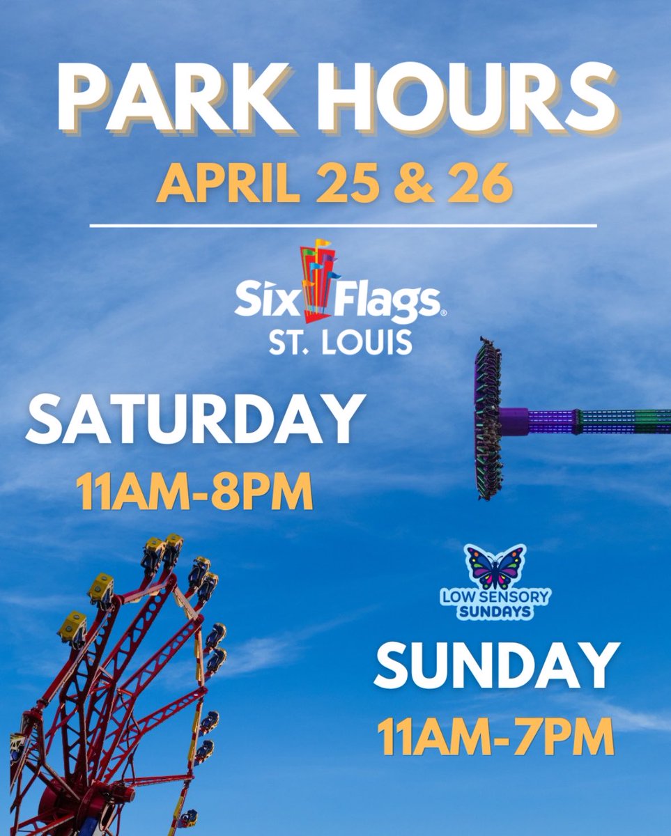 SFStLouis's tweet image. It’s getting real, friends! 😎 Park hours are here and opening weekend is calling. Get ready to soar, spin, and fly your way into the fun—who’s joining us bright and early at gate open? 🎢☀️

#sixflagsstlouis #openingday