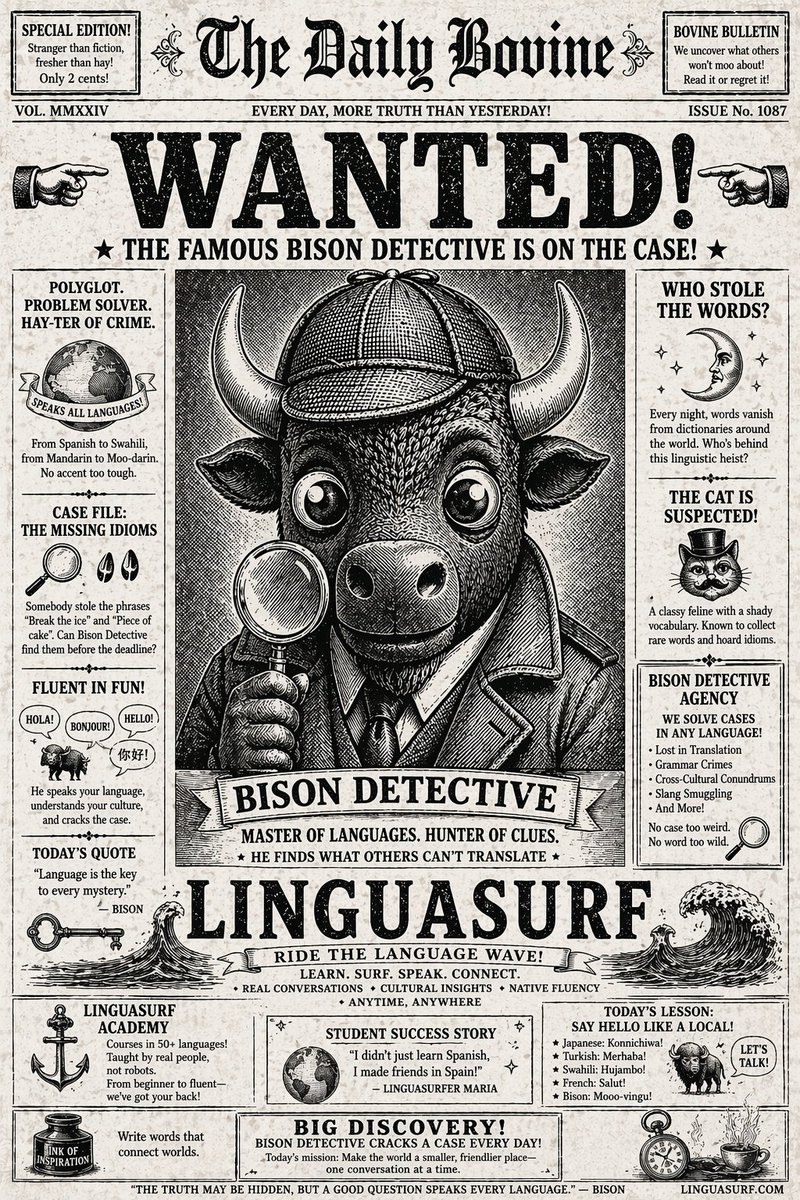guard_marine23's tweet image. A detective who doesn’t chase criminals…
he chases words. 🕵️‍♂️
Meet the Bison Detective. Powered by LinguaSurf. 🌊

Learn languages. Solve mysteries.
One word at a time.
#LinguaSurf
#LearnLanguages
#LanguageLearning
#EdTech
#BuildInPublic
#IndieHacker
#StartupLife
#AItools