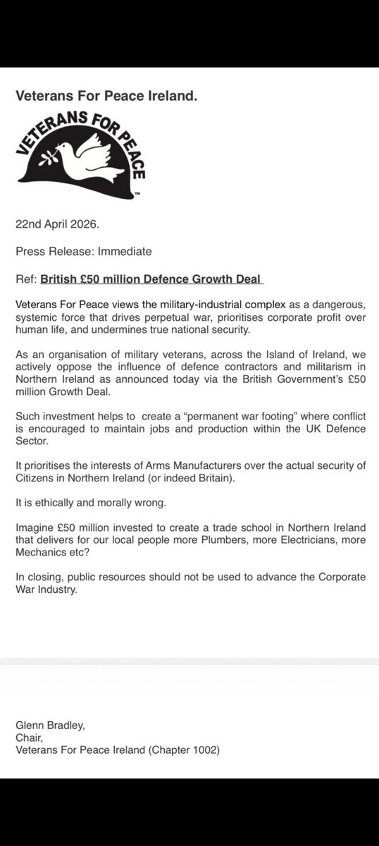 I appreciate my pal Glenn Bradley for speaking up on behalf of Veterans For Peace, challenging the £50 million from the British Gov earmarked for arms manufacturers.

We stand for peace.
We reject war.
We don’t support the arms trade.

Well said👏👏

Blessed are the peacemakers!