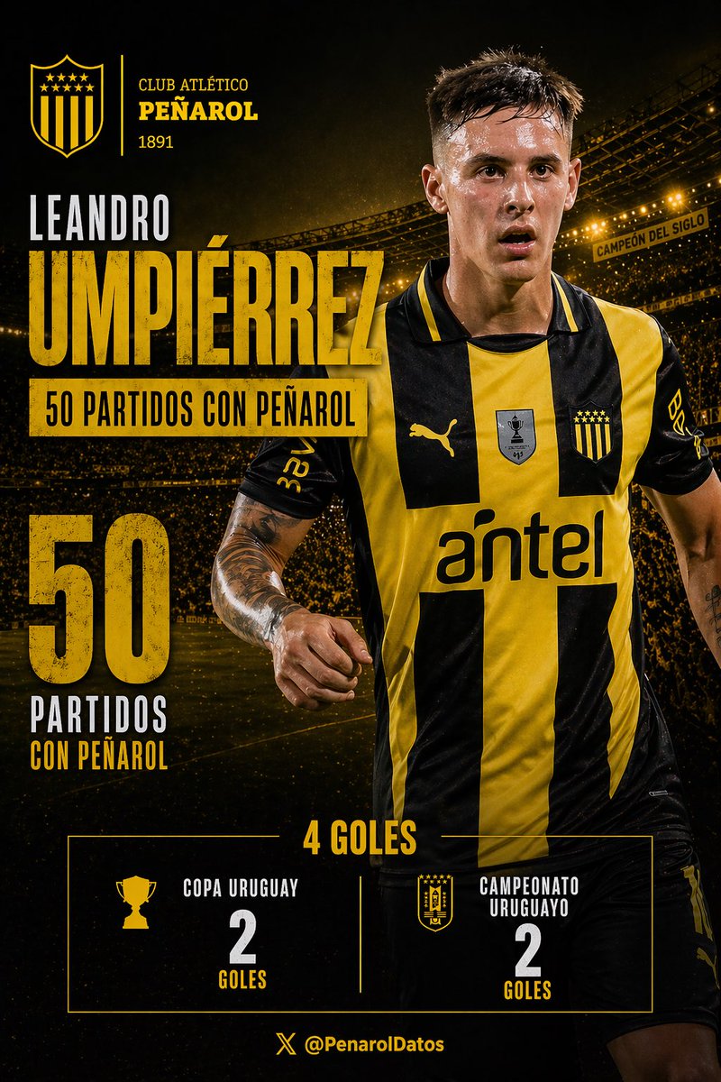📌 Con mucho por mejorar y con poca información, Chat GPT hizo esto. 

⭐️ Principal detalle, las estrellas en el escudo.

⚽️ Leandro Umpiérrez alcanzó los 50 PJ con Peñarol con 4 goles convertidos.