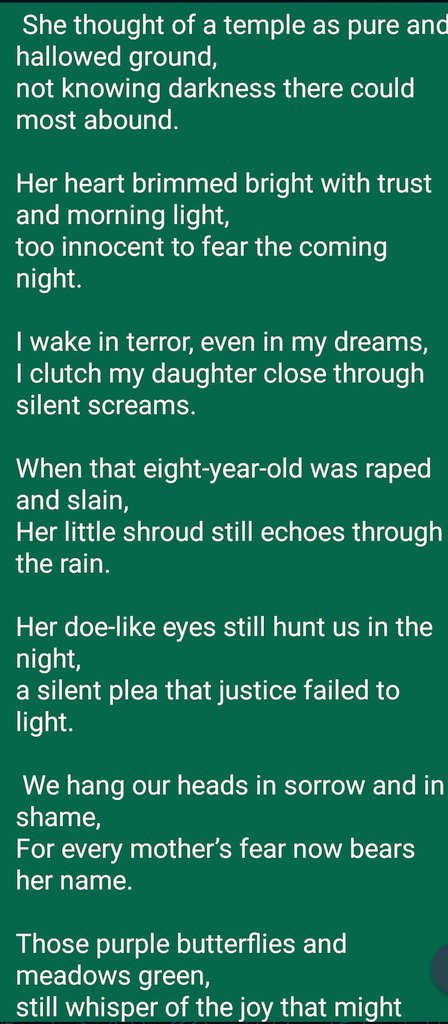 Arshi7Khan's tweet photo. @yoursurajnaik I had written a poem after the case of #Asifa which was reported from Kathua, Kashmir, & the #Nirbhaya case.
Every such incident robs our nation's soul. More so when there is deafening silence from the powerful leaders who talk of #WomenRights only during #ElectionTimes.
#Rape https://t.co/7O4YHzwrH5