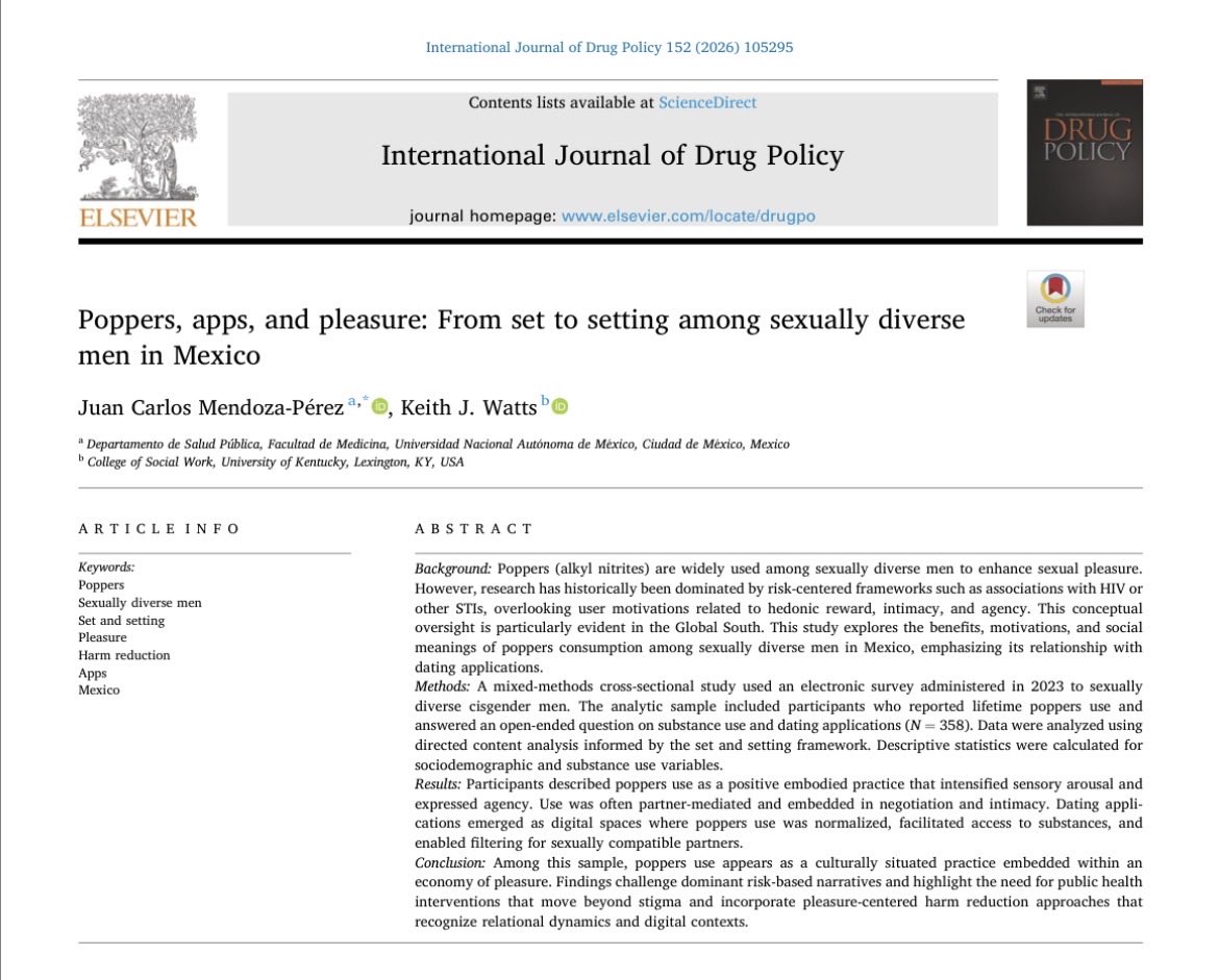 ijdrugpolicy's tweet image. “Poppers, apps, and pleasure: From set to setting among sexually diverse men in Mexico” by Juan Carlos Mendoza-Pérez &amp;amp; Keith J. Watts (2026) via @ijdrugpolicy…Do poppers and apps change how we experience sex?

Link: sciencedirect.com/science/articl…

#DrugPolicy