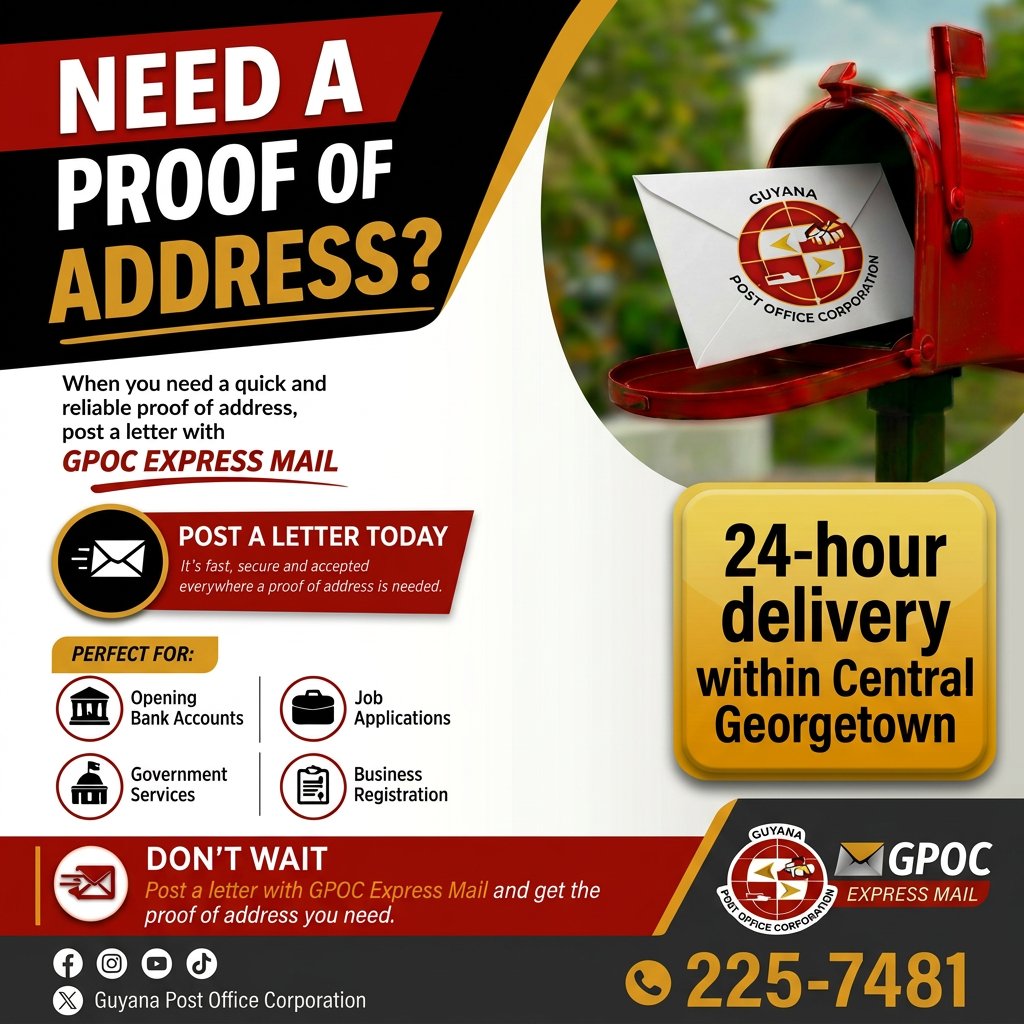GuyanaPost's tweet photo. Need proof of address like, yesterday?

Take advantage of our Express Mail Service for 24-hour delivery around Georgetown.

Visit your nearest Post Office or call 225-7481 for more information.
#GPOC #expressmailservice #proofofaddress https://t.co/NoGhpVfhxy