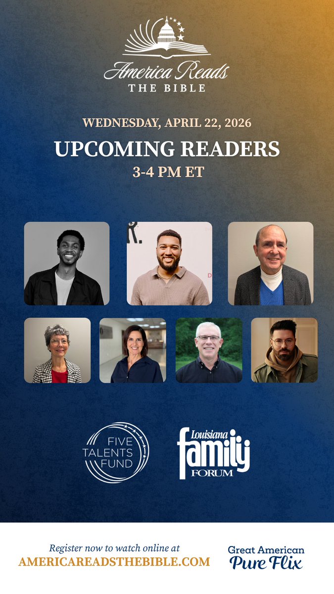 AmericaRTBible's tweet photo. 3–4 PM ET
📖 Psalm 61–88

🎶 Danny Gokey
🤝 Five Talents Fund &amp; Louisiana Family Forum

Featuring: Chaz Smith, Jaden Heard, Jon Khachaturian, Bobbi Khachaturian, Tara Baudoin, Gene Mills

Watch FREE on @PureFlix → https://t.co/xfIu7SmbL9
#AmericaReadsTheBible https://t.co/j59L2U4r76