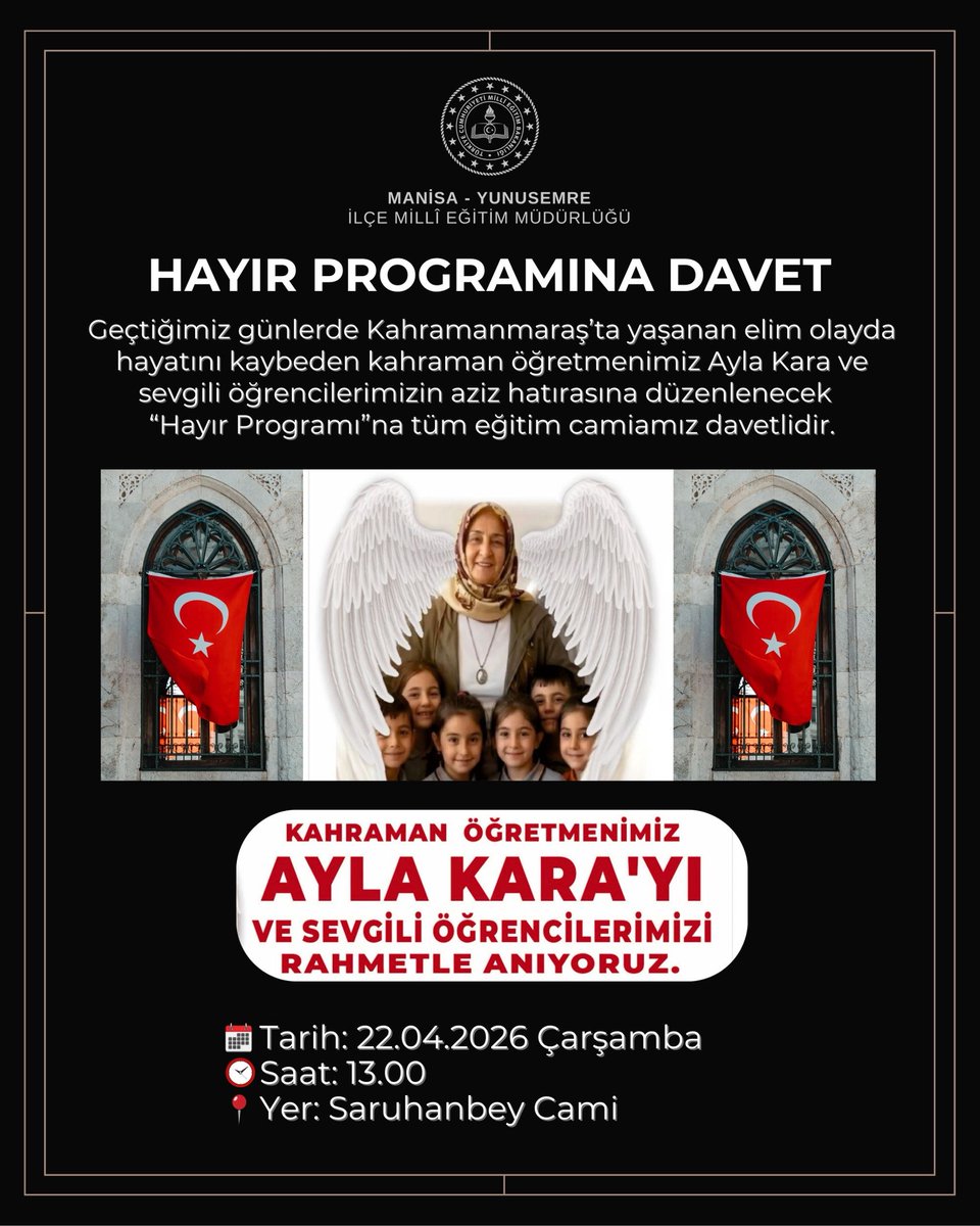 yunusemrebs45's tweet photo. Geçtiğimiz günlerde Kahramanmaraş'ta yaşanan üzücü olayda hayatını kaybeden Kahraman Öğretmenimiz Ayla KARA'nın ve Kıymetli Öğrencilerimizin aziz hatırasına düzenlenen, İl Milli Eğitim Müdürü Sayın Mehmet UĞURELLİ, İlçe Milli Eğitim Müdürü Sayın Yıldıray DEMİRTAŞ, İlçe Emniyet Müdürü Sayın Hüsnü UZ ve İlçe Müftüsü Ali EFE'nin katılım sağladığı Hayır Programı’na Memur-Sen Manisa İl Temsilcimiz ve Eğitim-Bir-Sen Manisa1 No’lu Şube Başkanımız Sayın Ahmet YASAV ve İlçe Temsilcimiz Sayın Zeynel MUTLU ile birlikte katılım sağladık.

Programda dualar edilerek, rahmetli öğretmenimiz ve öğrencilerimiz anıldı. Kahraman Öğretmenimiz Ayla KARA ve Kıymetli Öğrencilerimize Allah'tan rahmet dileriz, mekanları cennet olsun.