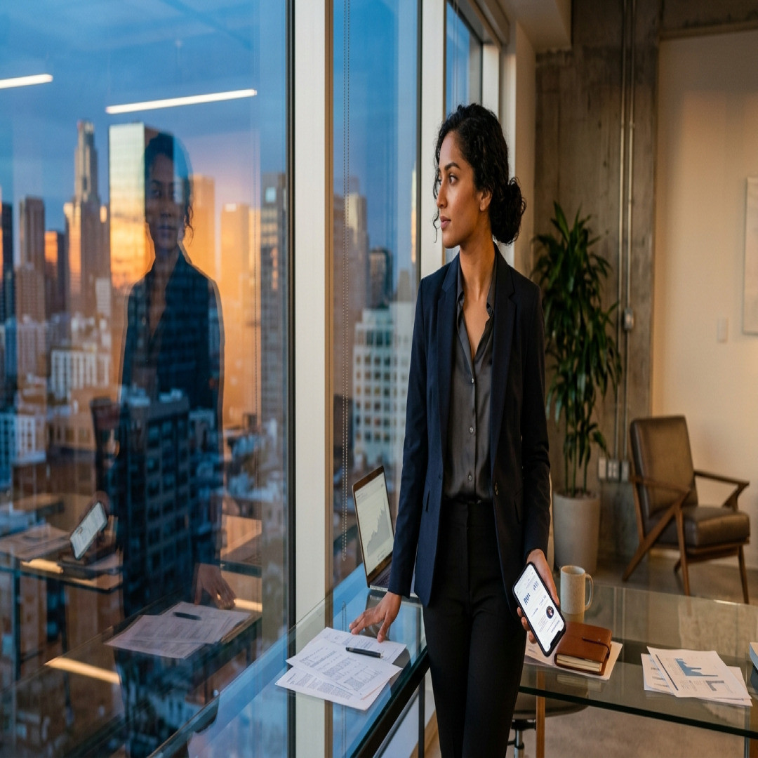 Varunx007's tweet image. Lost in the city skyline at sunset, a woman clad in a sleek suit holds her smartphone - a symbol of modernity. Amidst glass surfaces and warm lights, she embodies urban professionalism, perfectly balancing ambition and contemplation. #CityLife #WomenInBusiness 🌆👩‍💼