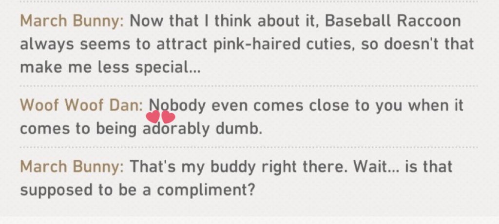 Kroissant4's tweet photo. Danmarch crumbs spotted!
In one of the new text logs, it mentions that March and a furbo share a birthday month and calls them both cute! When she asks DH to defend her, he admits that she does look like the furbo…but he DIDN’T DENY THAT SHE WAS CUTE!
THIS IS TWICE NOW! 😭😭💖 https://t.co/oYNWiHbqnI